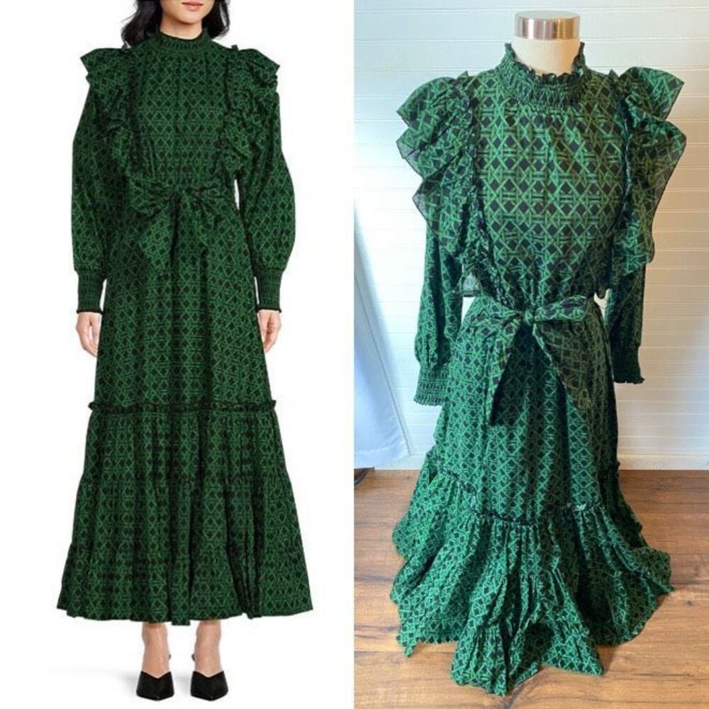 A Loves A Voile Lattice Print Cotton Long Sleeve Smocked Tie Maxi Dress XL